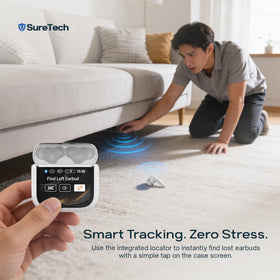 SureTech earbuds next to game controller showing low latency benefit