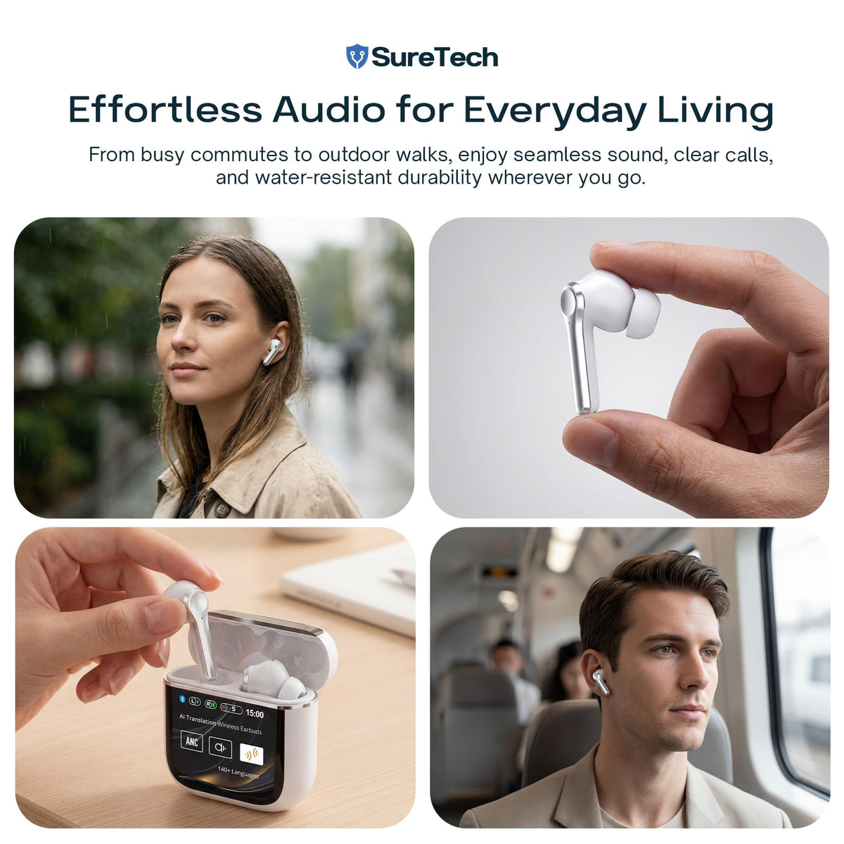 SureTech earbuds with water droplets showing sweat resistant benefit