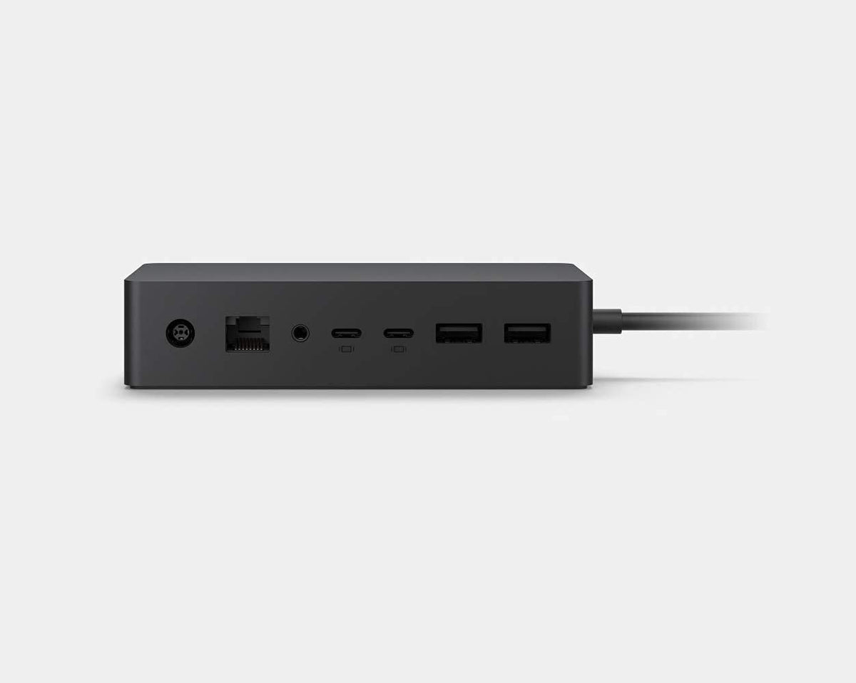 Microsoft Surface Dock 2 connected workstation demonstrates expanded connectivity and charging capabilities.