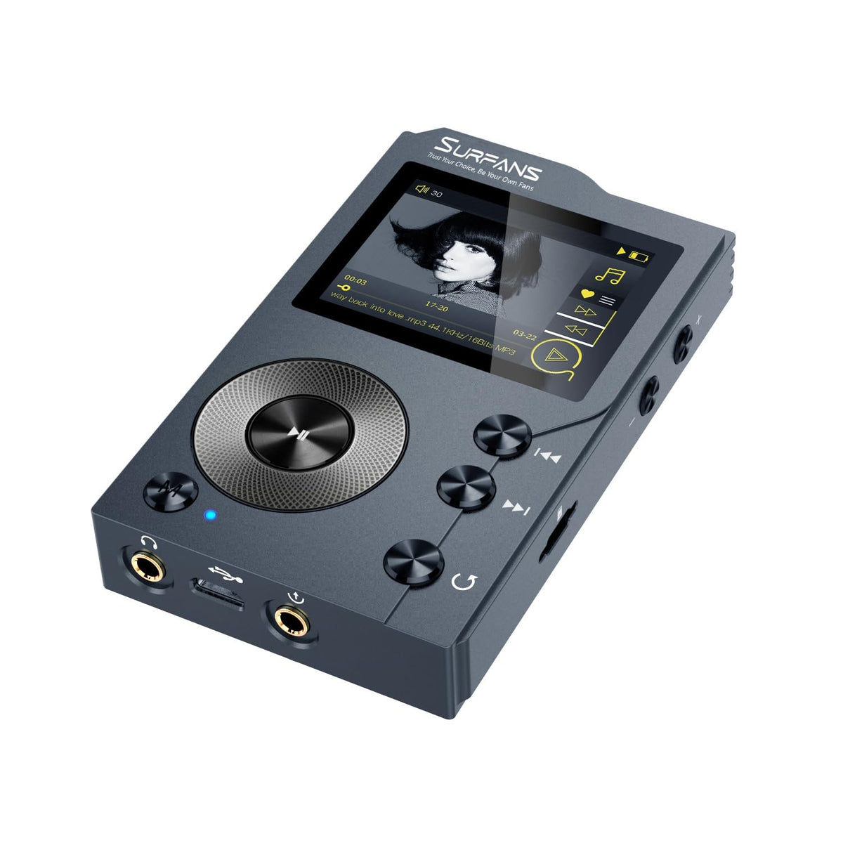 Surfans F20 front view showing portable Hi-Fi design for on-the-go listening.