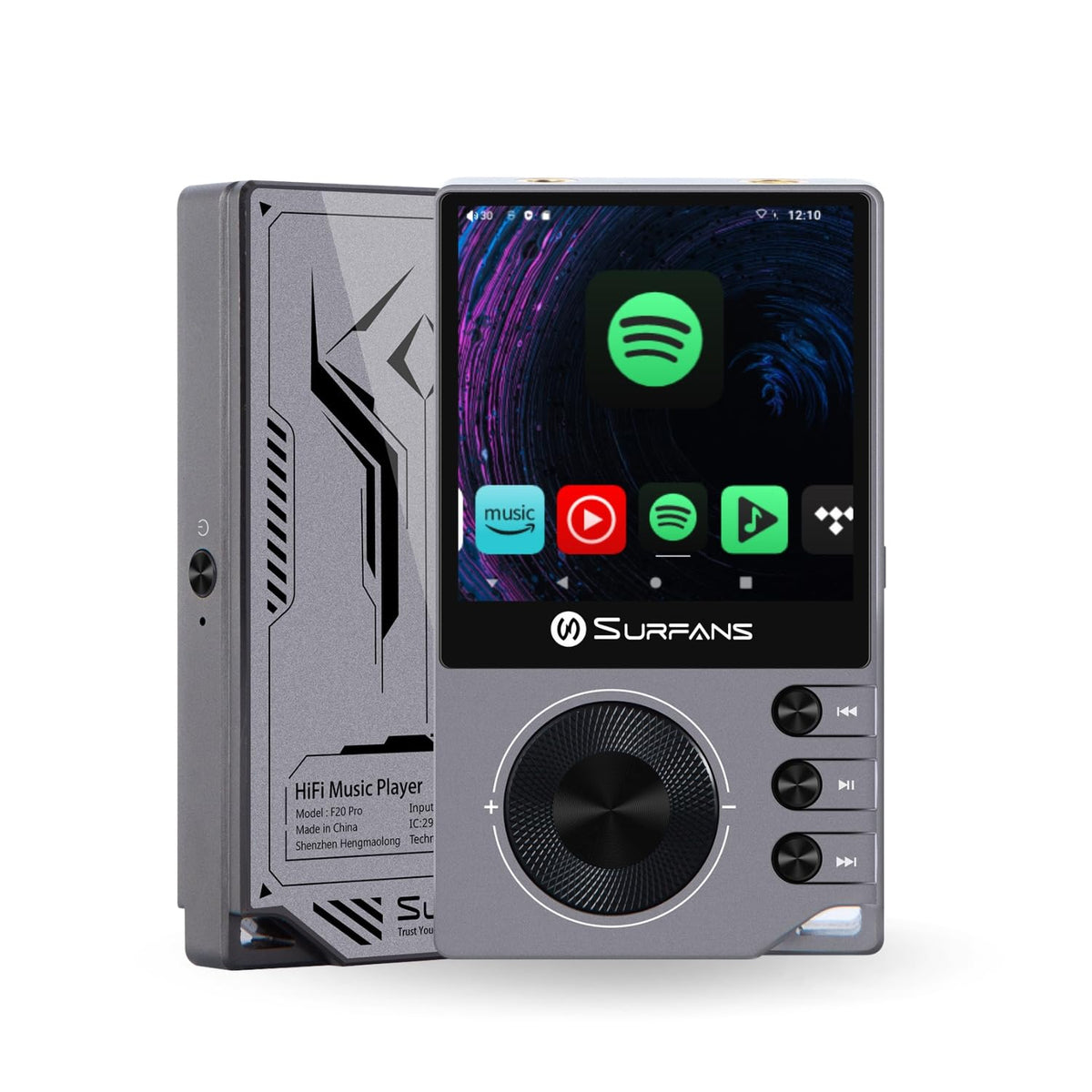 Surfans F20 Pro front view showing compact CNC chassis for portable listening.