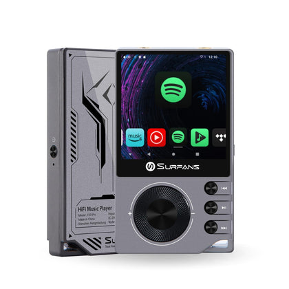 Surfans F20 Pro front view showing compact CNC chassis for portable listening.