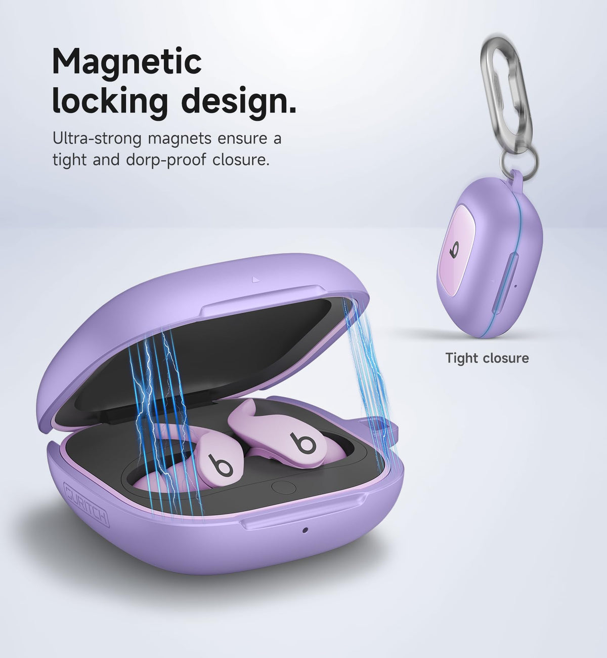 SURITCH Beats Fit Pro case stone purple back logo view emphasizes protective shell and logo visibility.