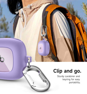 SURITCH Beats Fit Pro case stone purple carabiner closeup underscores easy carry.