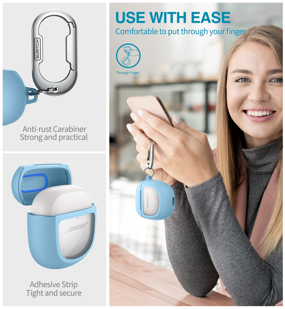 Suritch Bose QC II Ultra case includes rust-proof carabiner for travel