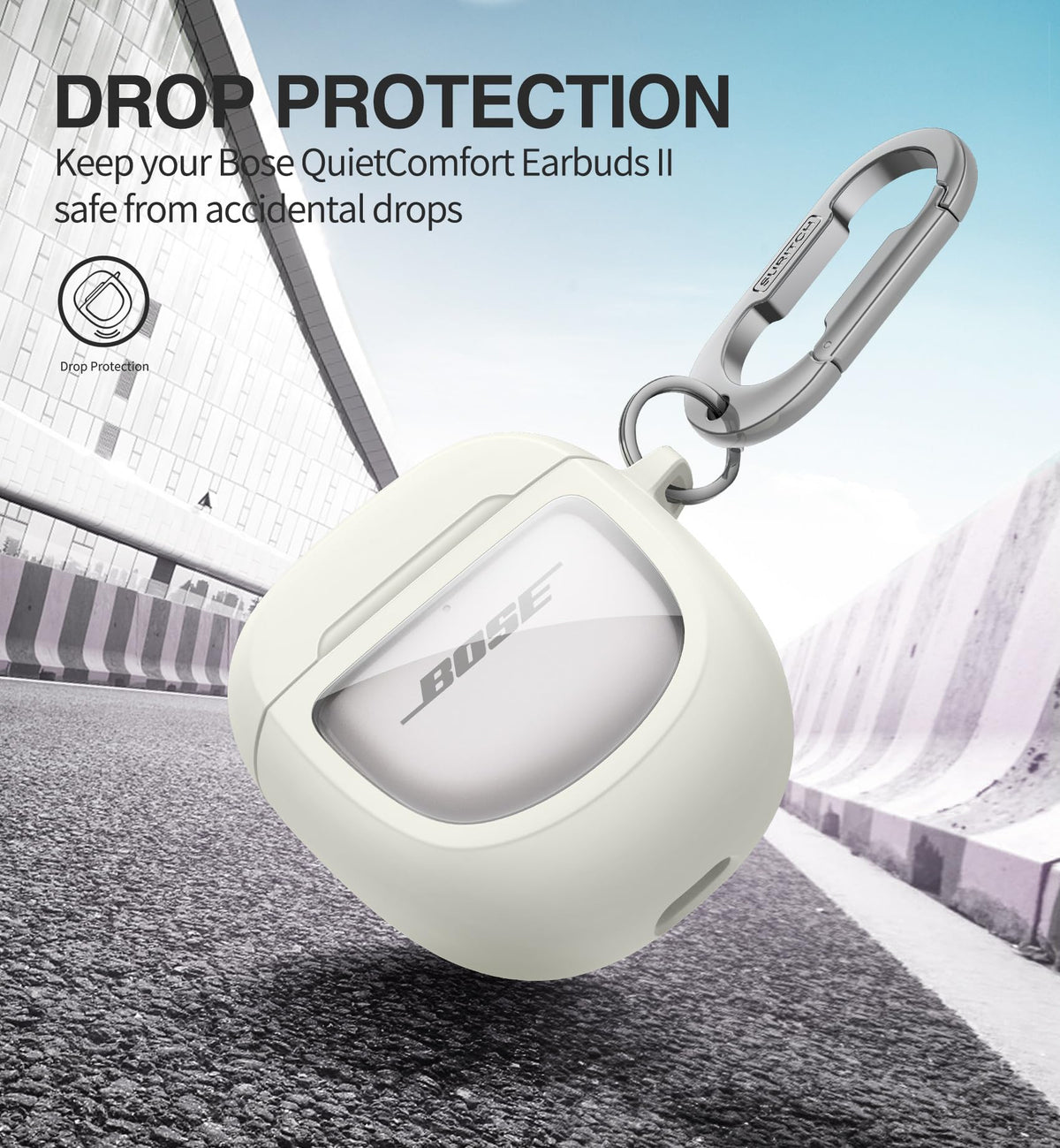 Heavy-duty carabiner keeps the Bose QC Earbuds II case attached