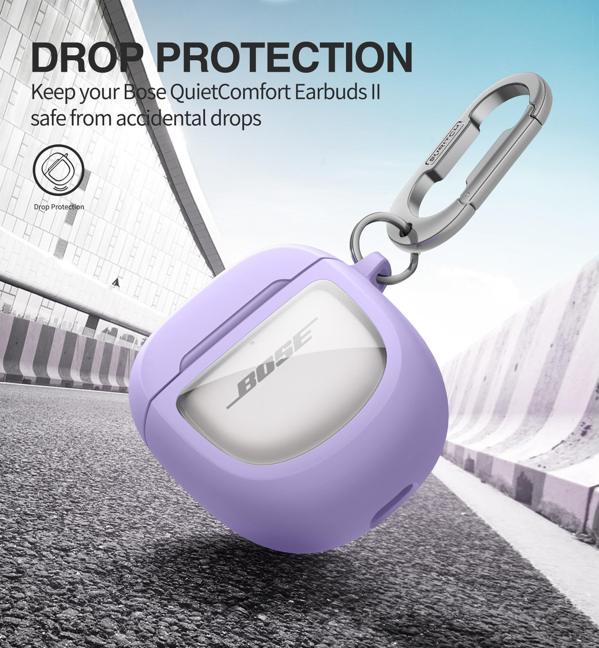 Suritch Bose Ultra case with carabiner for secure on-the-go carrying.