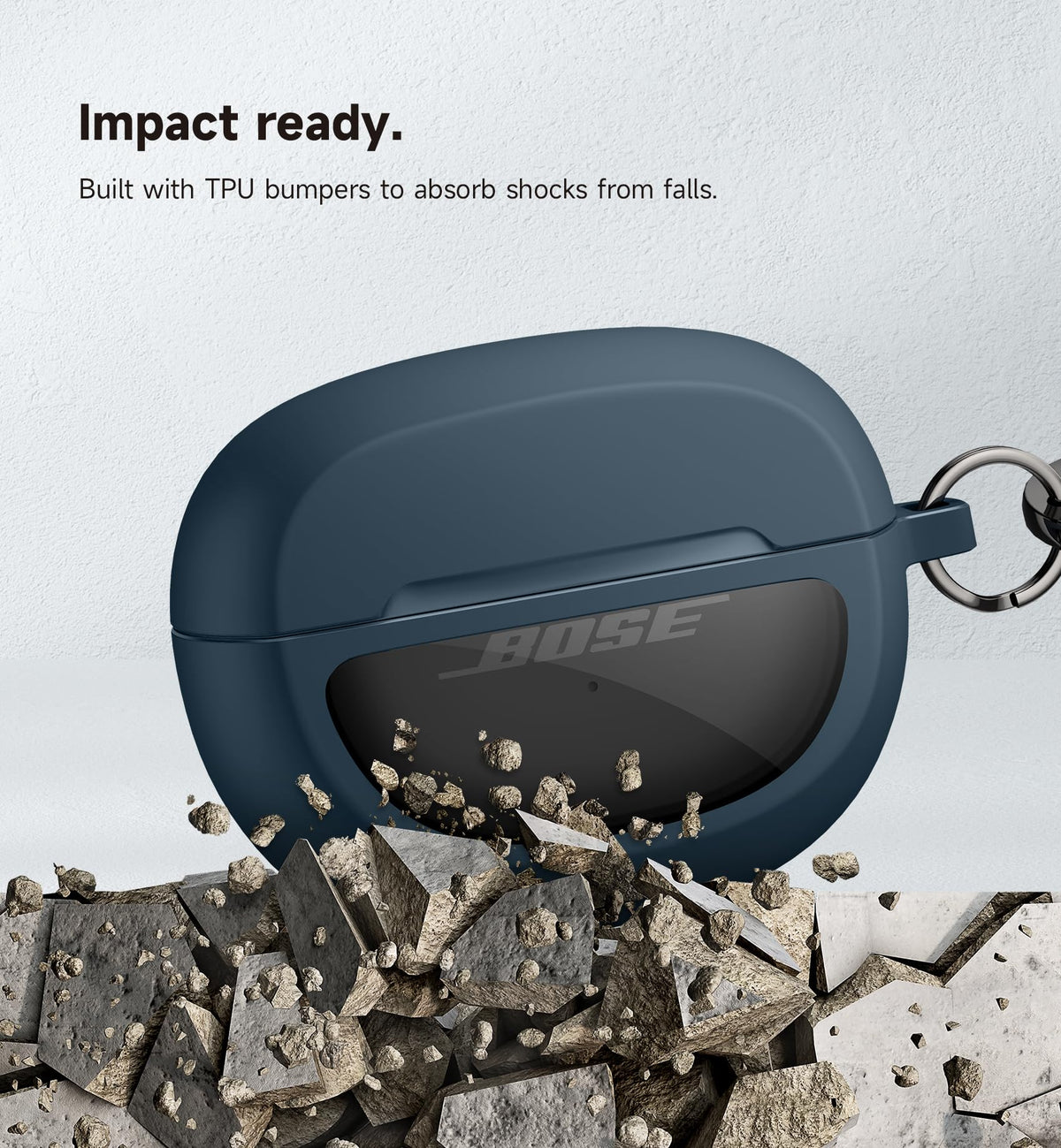 SURITCH Bose Ultra Open case navy carabiner clip enables secure on-the-go access