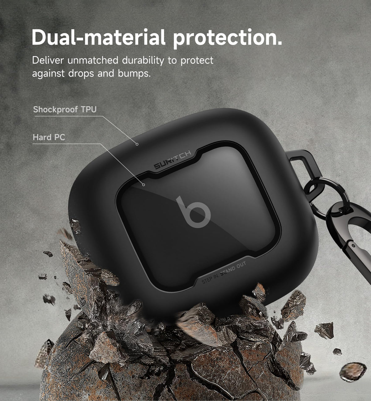 Transparent window showing Beats logo on SURITCH Powerbeats Pro 2 case