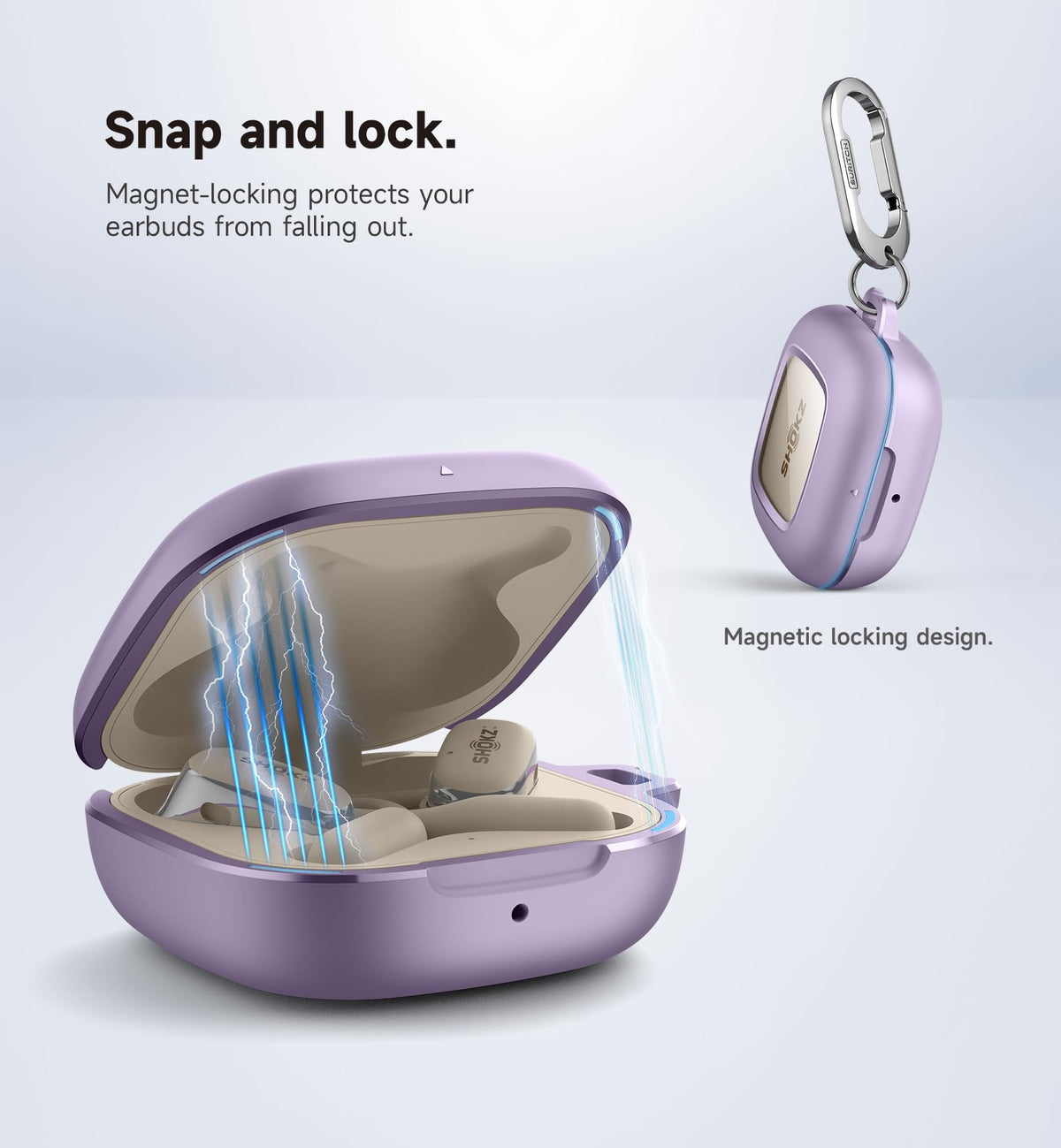 SURITCH Shokz OpenFit case side clip showing carabiner attachment for on-the-go use.