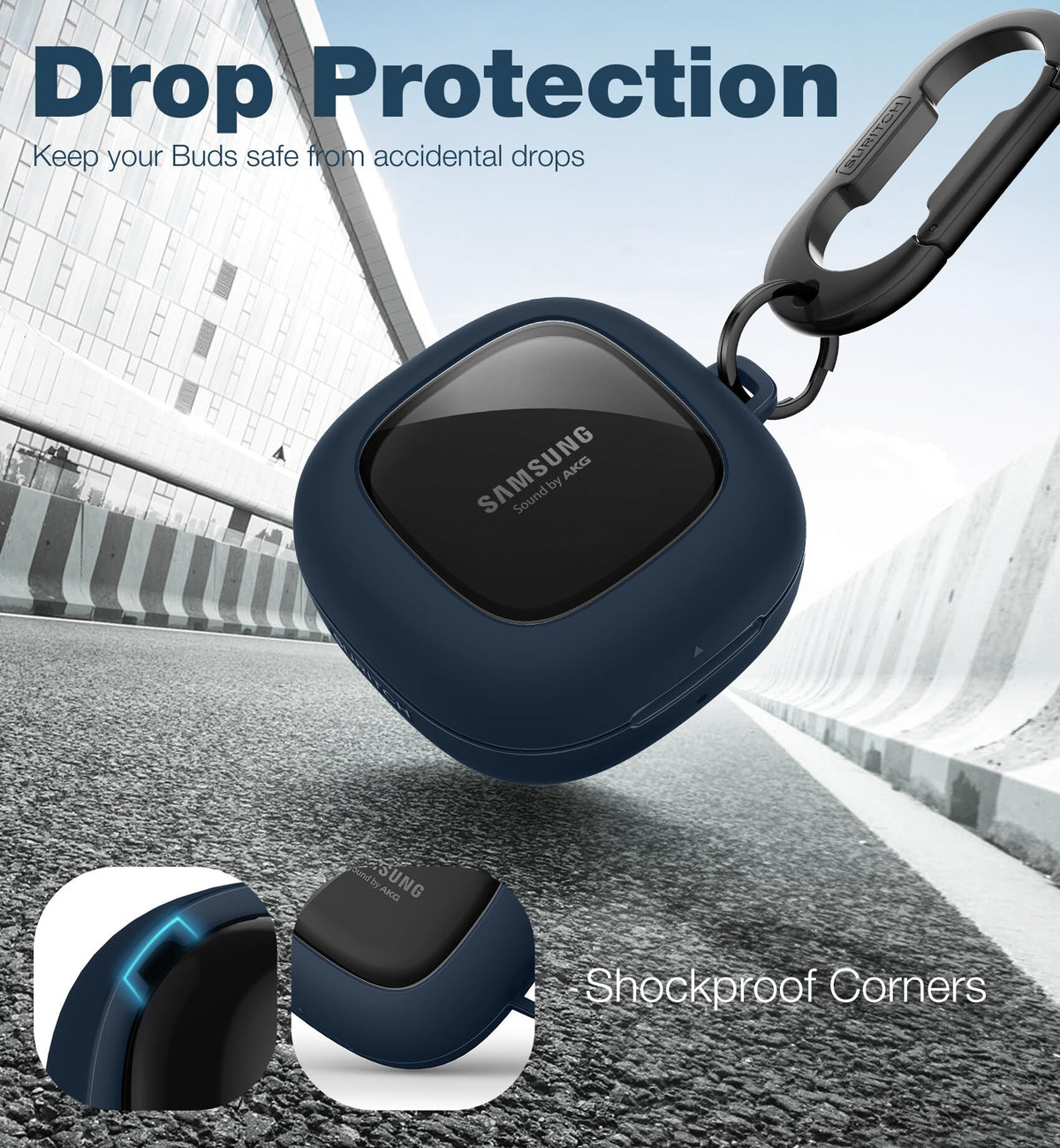 SURITCH slim side profile fitted on Galaxy Buds case for compact protection