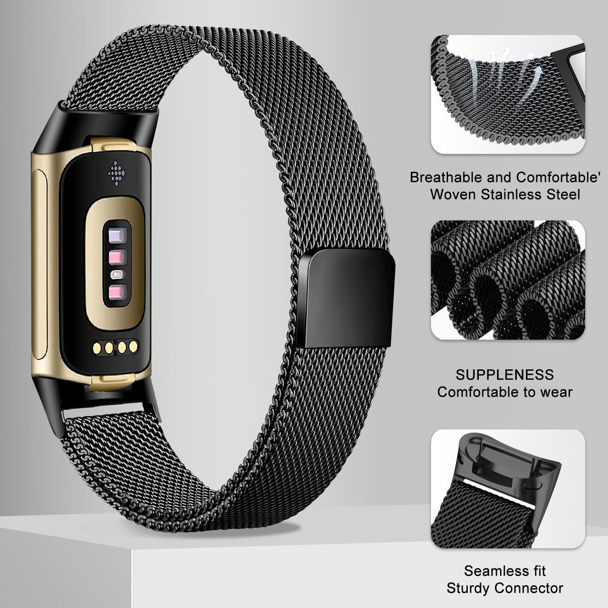 Surundo polished-edge mesh band adds a luxurious look.