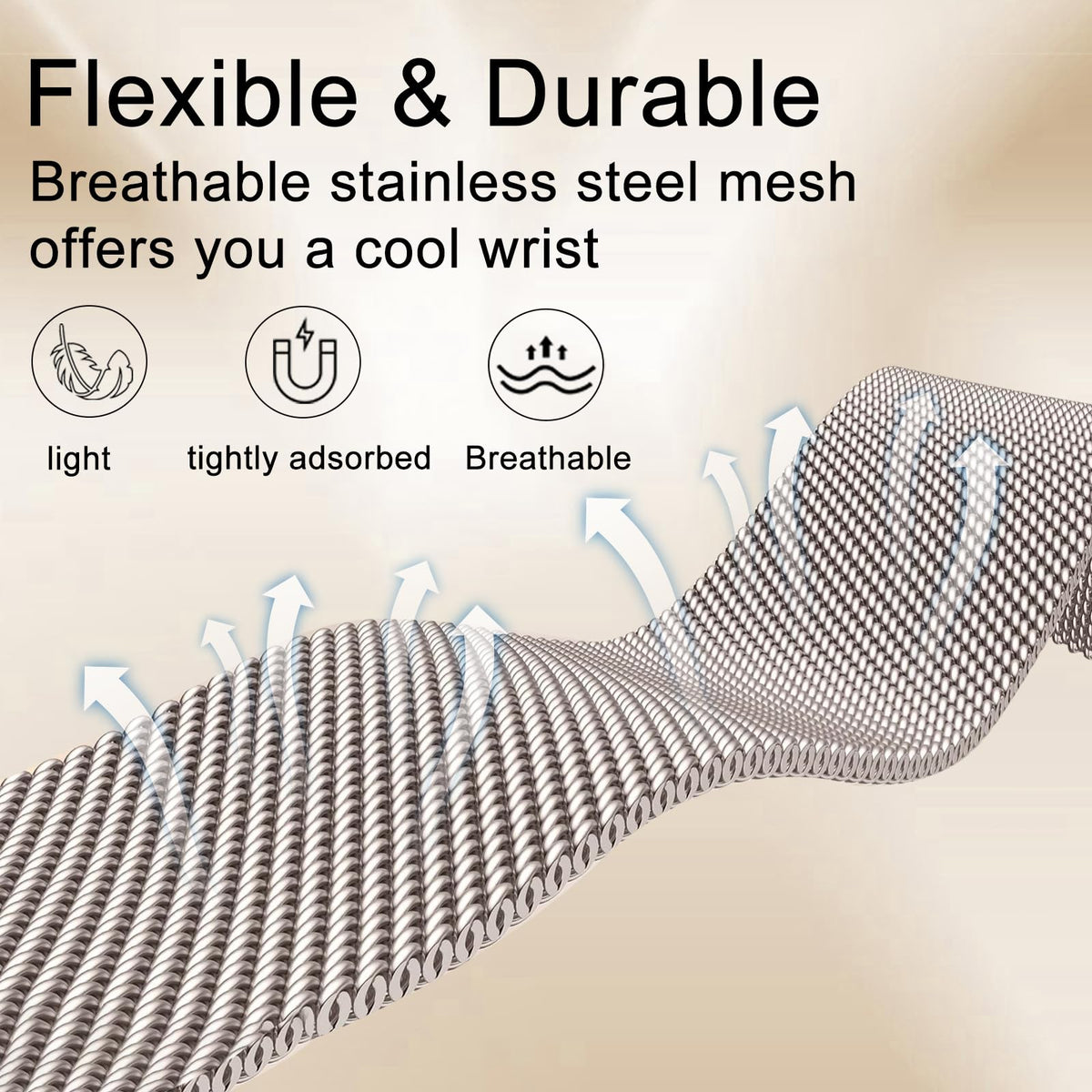 Surundo stainless steel woven mesh strap offers breathable comfort and a luxurious look.