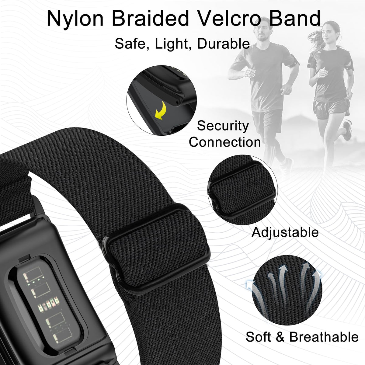 Adjustable-fit Surundo nylon band secures Whoop 4.0 during intense activity.