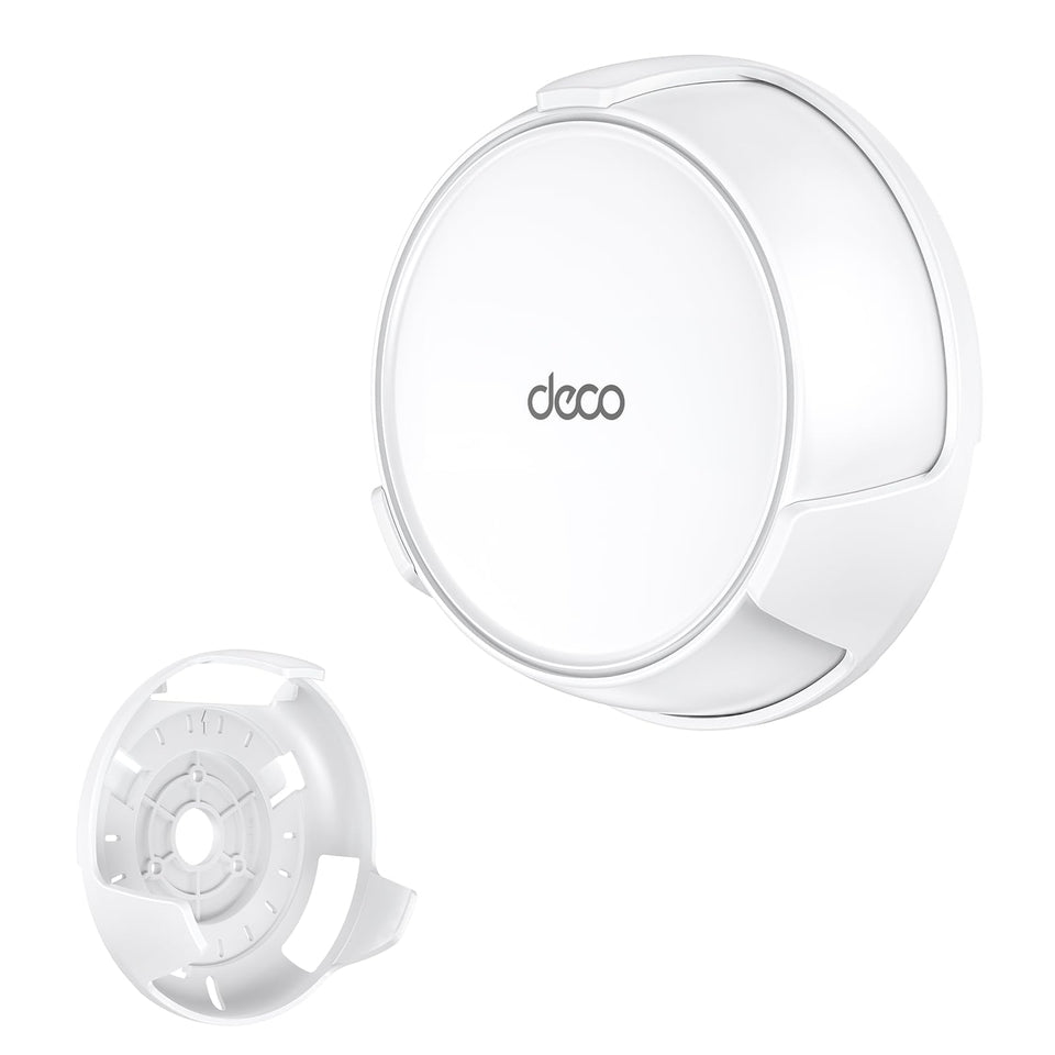 SurvAdv wall mount for Deco WiFi 7 white close-up shows secure fit and hidden cables.