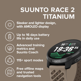SUUNTO Race 2 AMOLED display closeup highlights vibrant metrics display