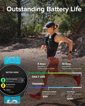 SUUNTO Race S AMOLED display close-up for crisp readability in sunlight.