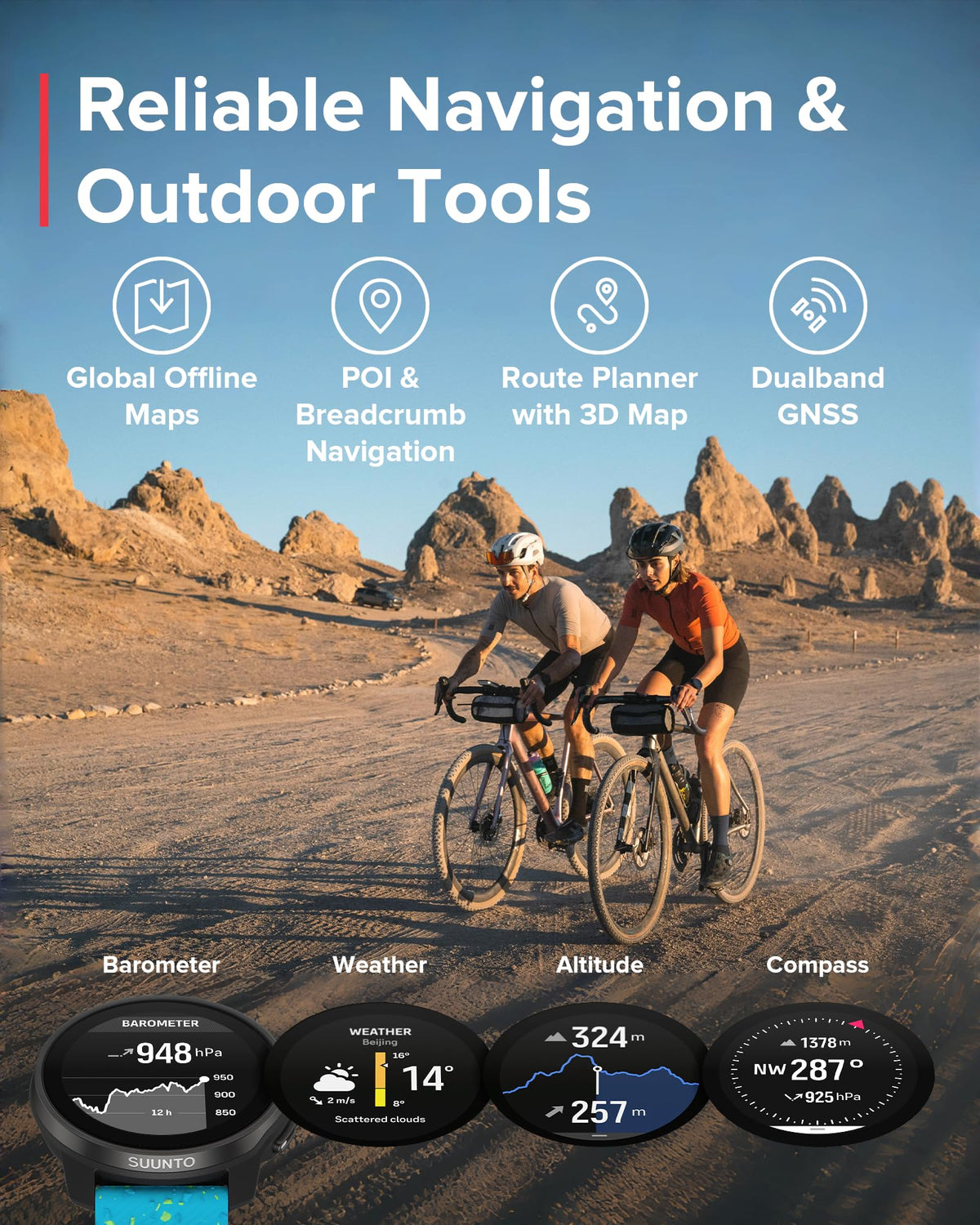 SUUNTO Race S battery life graphic highlighting long endurance on adventures.