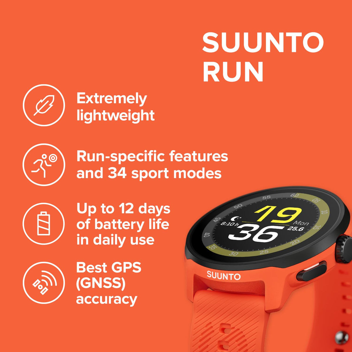SUUNTO Run with 1.32-inch AMOLED screen delivering bright, easy-to-read metrics.
