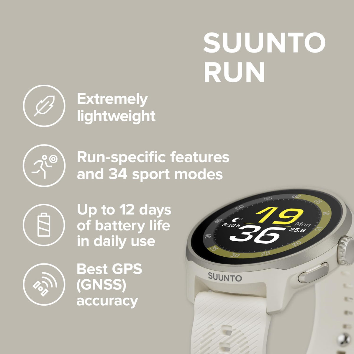 SUUNTO Run battery life up to 12 days in daily use, minimizing charging.
