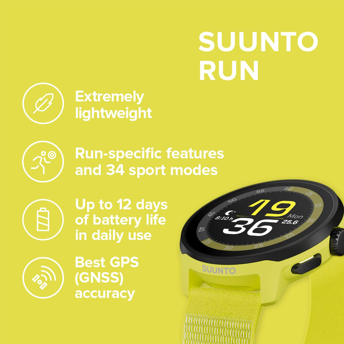 SUUNTO Run crown button closeup enables quick access to stats and widgets