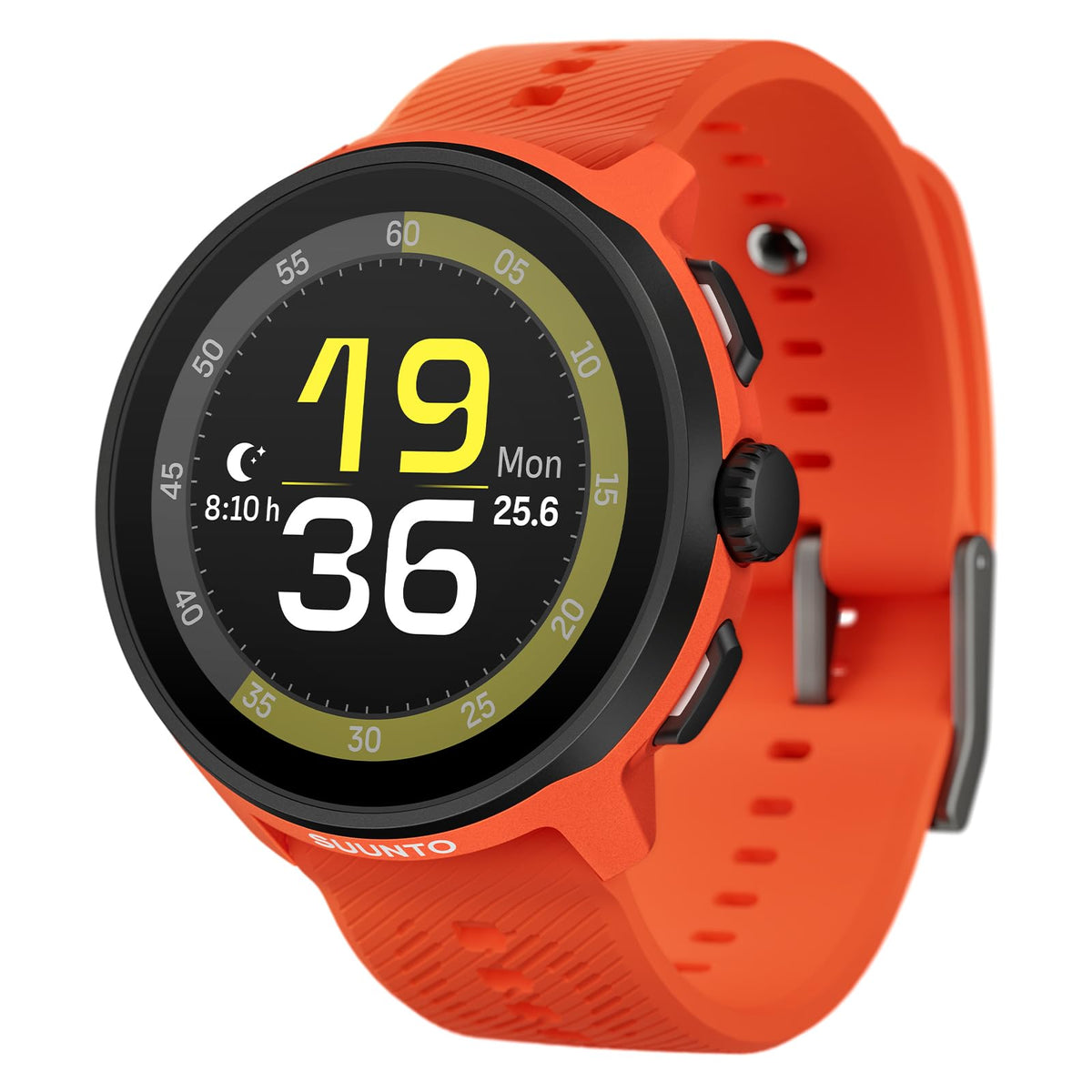 SUUNTO Run watch on the wrist, close-up view highlighting readability during runs.