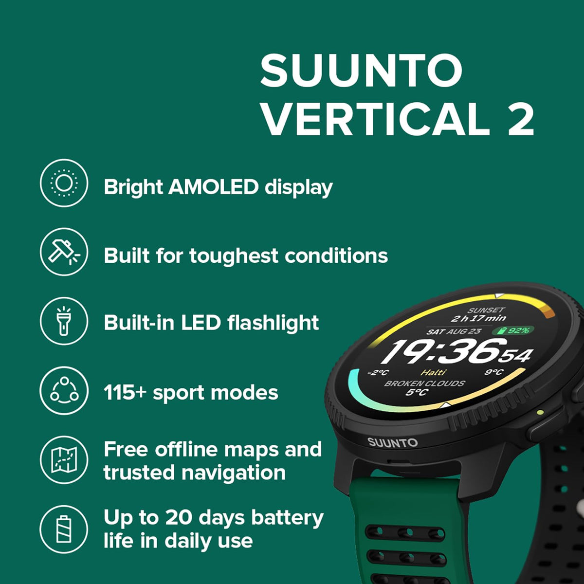 SUUNTO Vertical 2 with bright 1.5 inch AMOLED display shown clearly