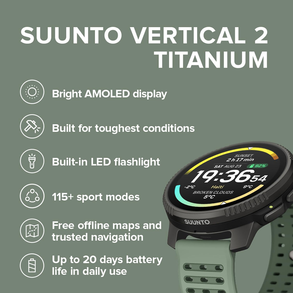 SUUNTO Vertical 2 LED flashlight aids night navigation on trails.