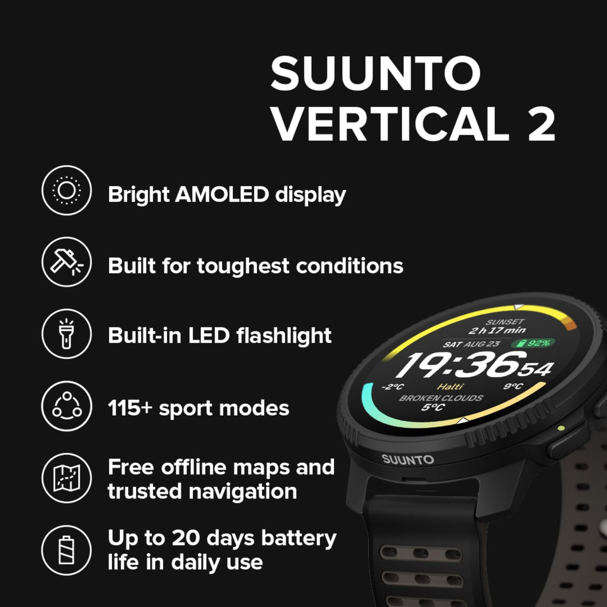 SUUNTO Vertical 2 worn on the wrist for rugged adventures