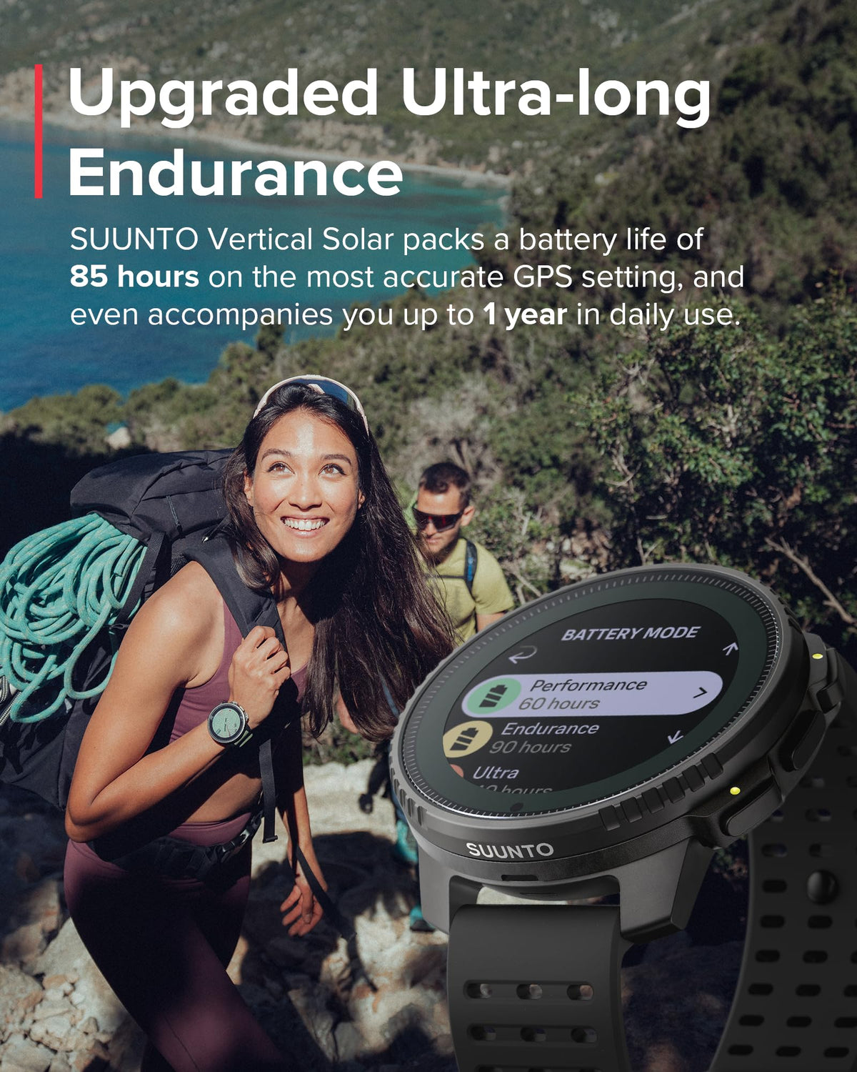 Map screen shows offline navigation data on the SUUNTO Vertical Solar.
