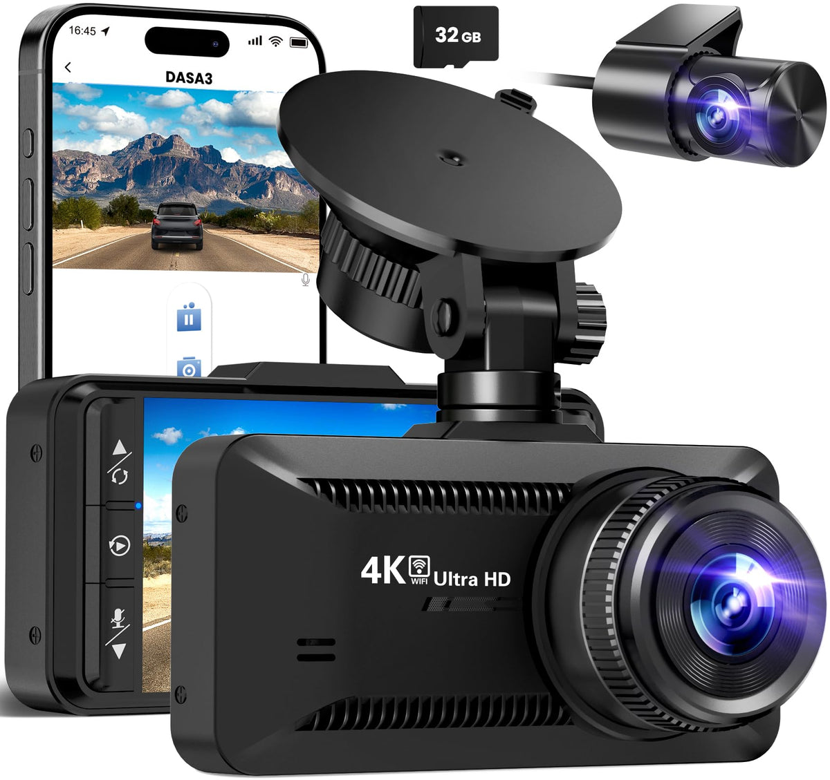 SUVCON dashcam front camera in 4K for clear license plate details and wide coverage.