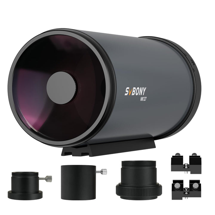 SVBONY MK127 front view, Maksutov-Cassegrain telescope ready for stargazing.