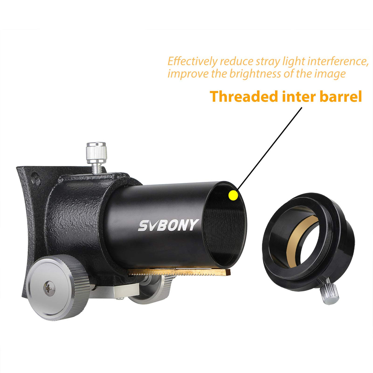 SVBONY close-up of internal brass ring protecting eyepiece barrels from marks