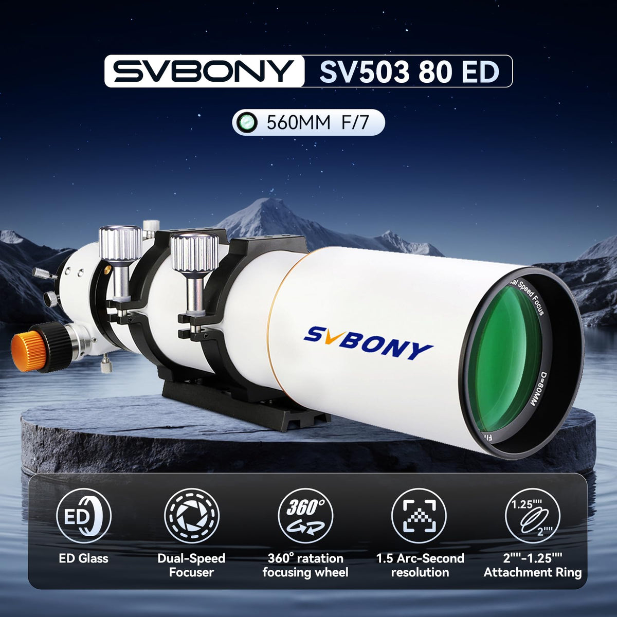 Close-up of SV503 dual-speed focuser enabling precise focusing.