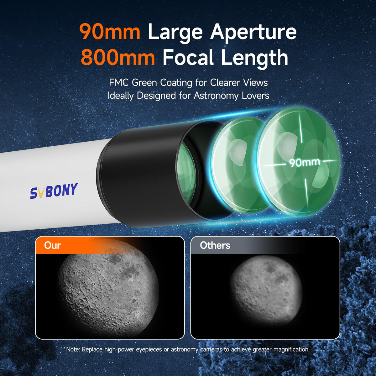 SVBONY SV520 with 800mm focal length for detailed planetary and lunar observation.
