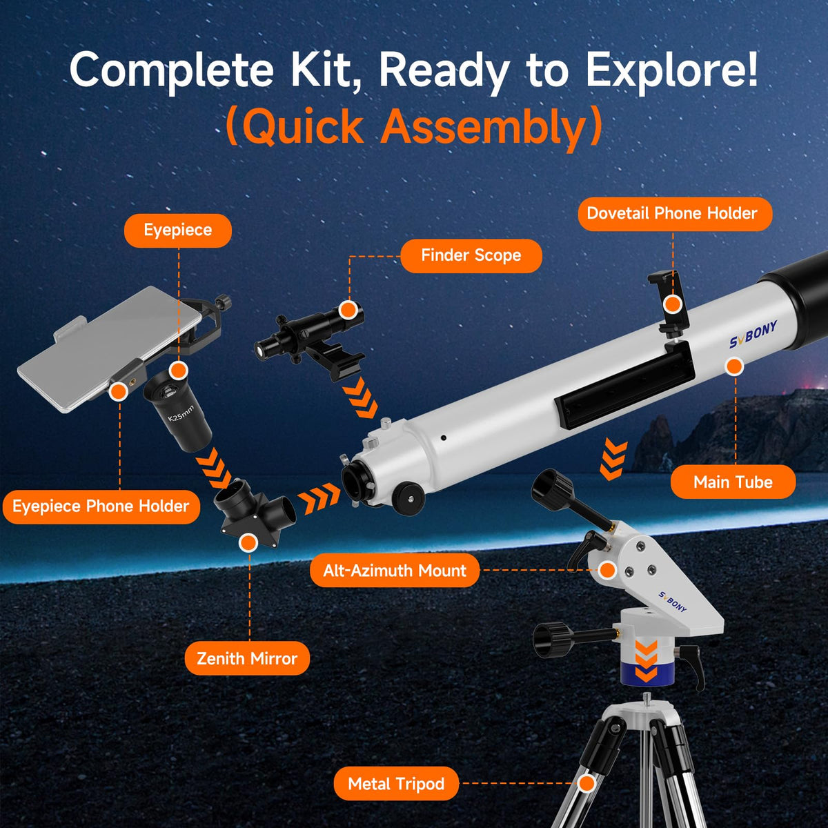 SVBONY SV520 adjustable tripod with tray keeps eyepieces organized during sessions.