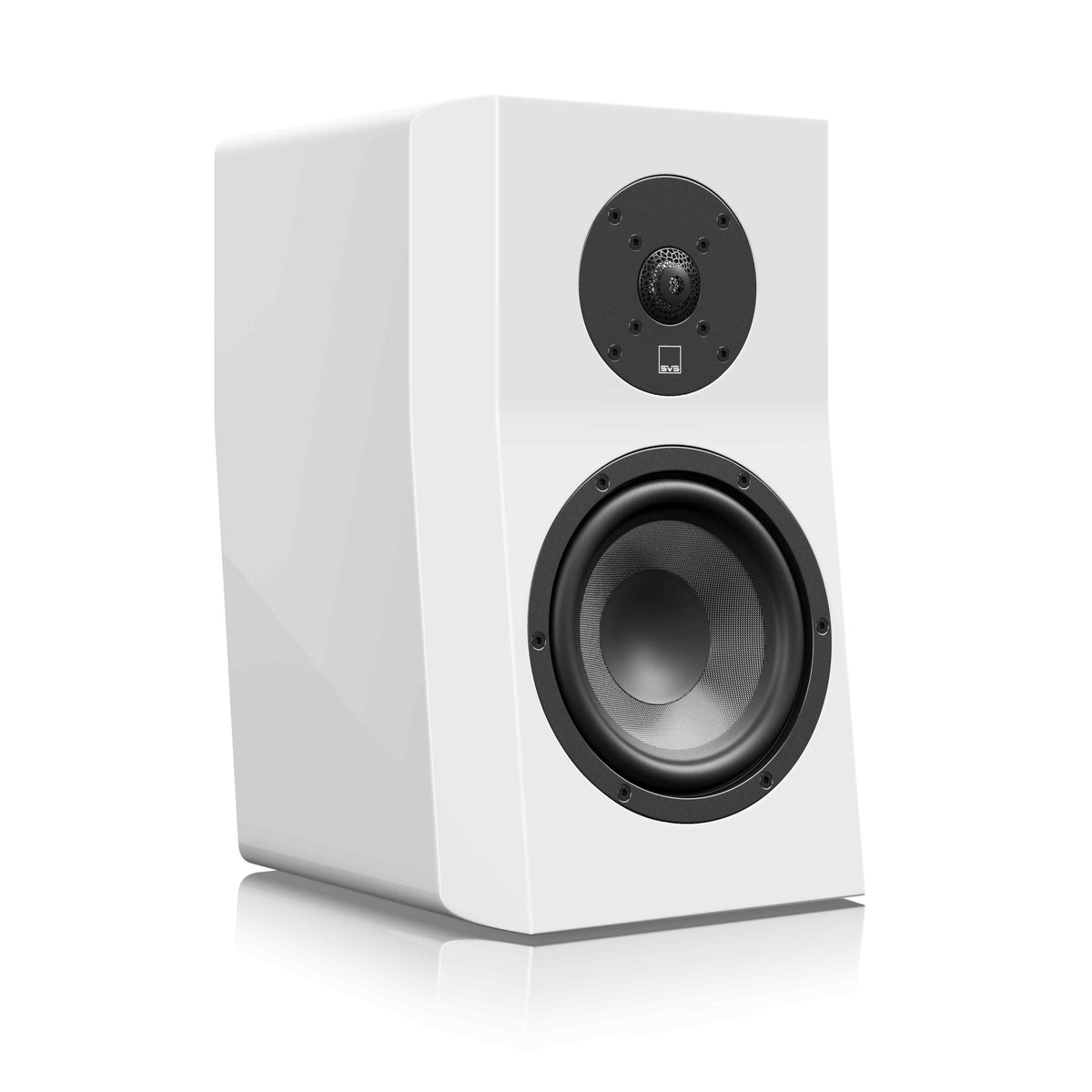 SVS Ultra Evolution bookshelf speaker front view in piano gloss white, elegant room centerpiece for refined aesthetics.