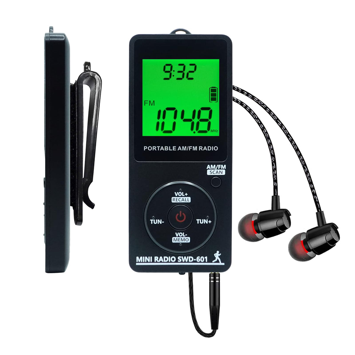SWDSTP AM/FM mini radio with LCD display for clear tuning on the go.