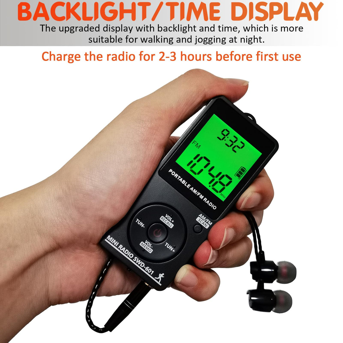 SWDSTP pocket radio backlight aids night listening and readability.