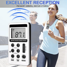 SWDSTP radio with stereo earphones delivers rich sound during workouts.