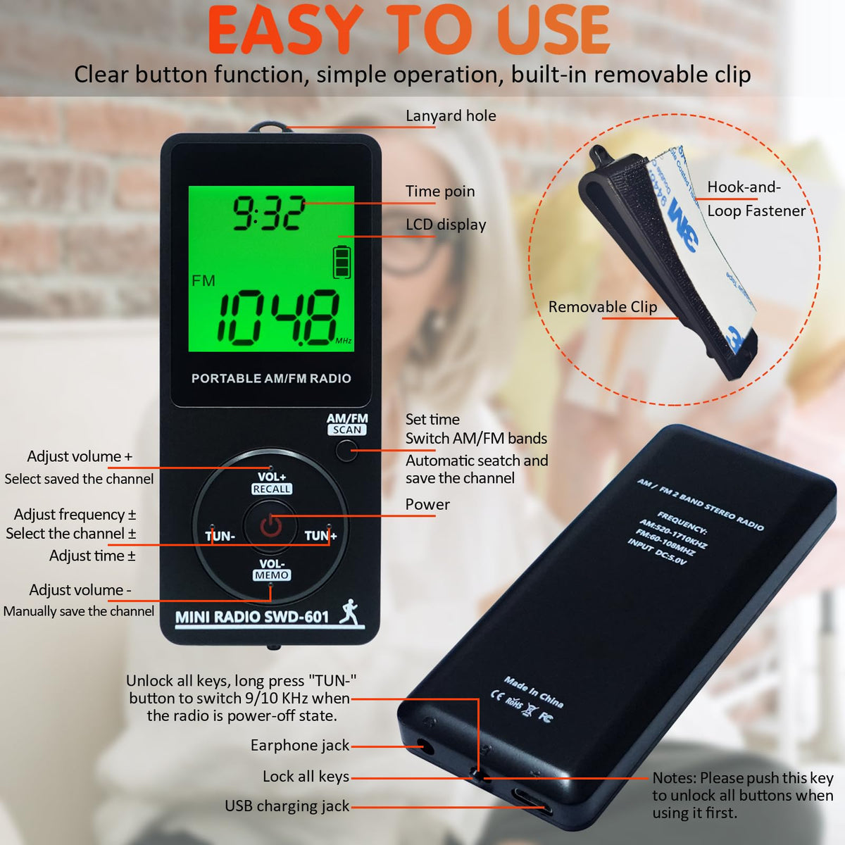 SWDSTP radio with earphones and clip for hands-free activity.