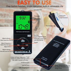 SWDSTP radio with earphones and clip for hands-free activity.
