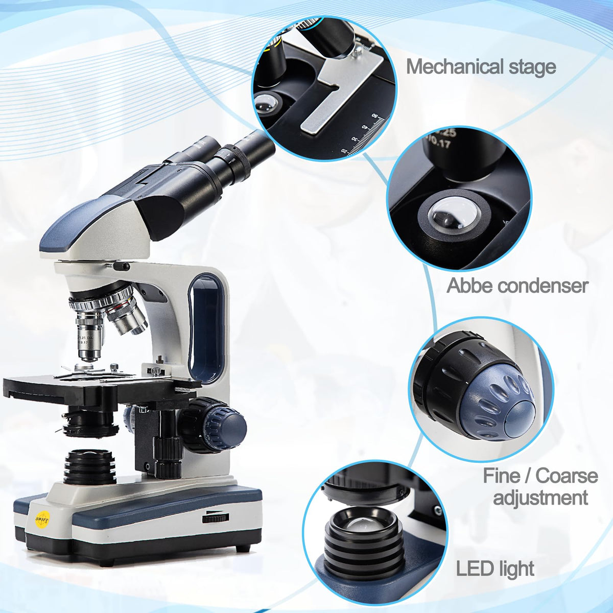 Swift LED illumination provides bright, adjustable slide lighting.