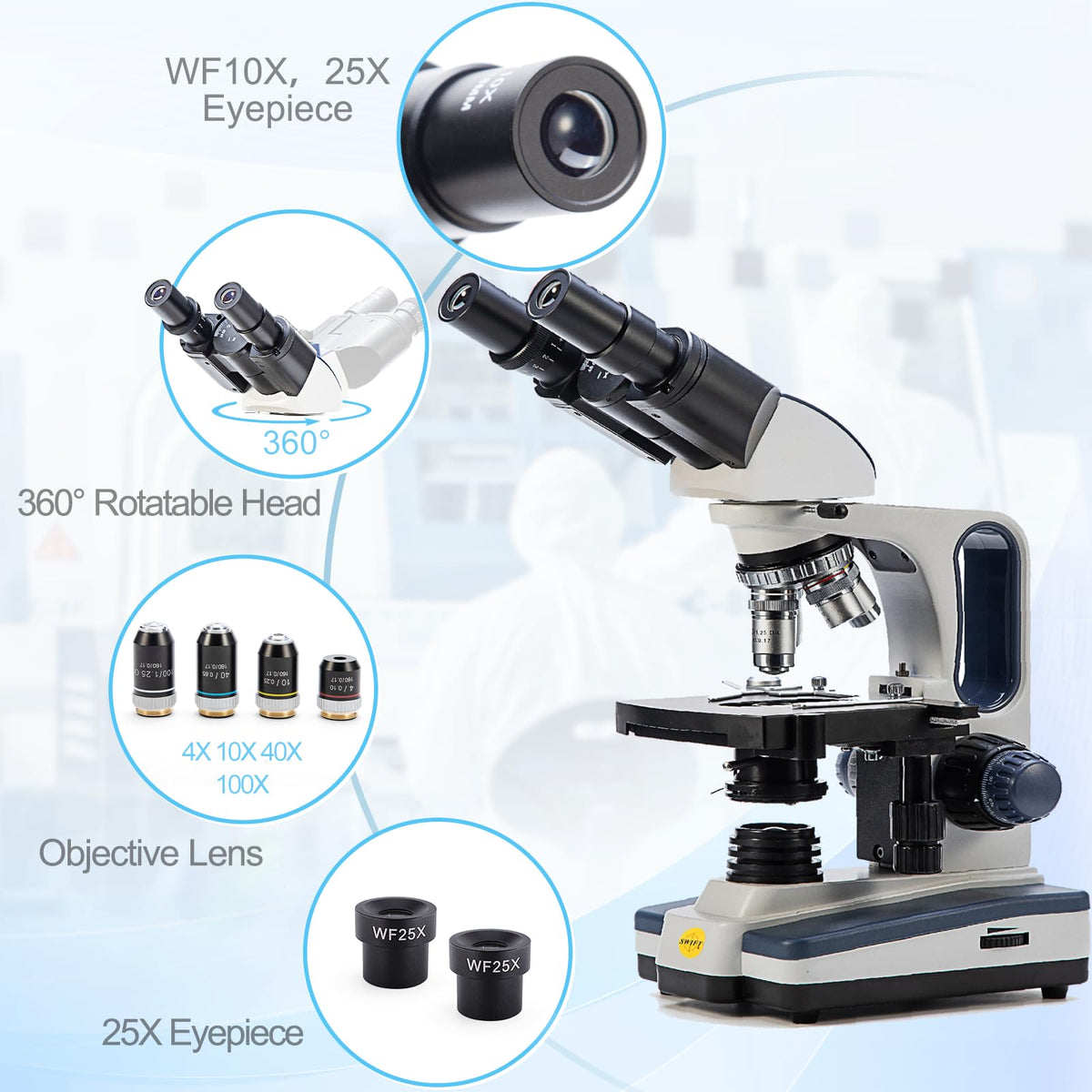 Swift turret shows six magnifications for versatile analysis.