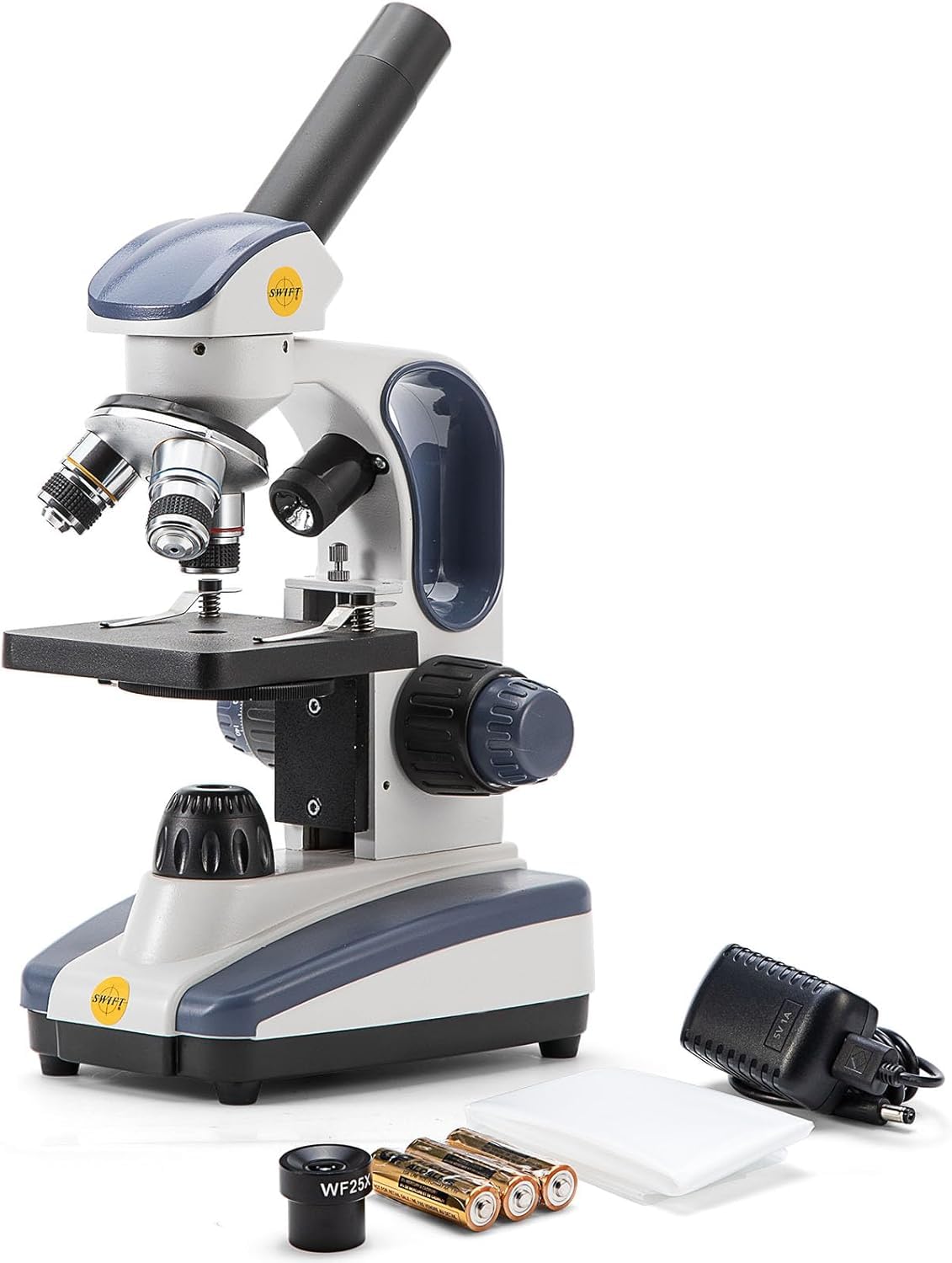 SWIFT SW200DL microscope overview showing sturdy build and cordless versatility.