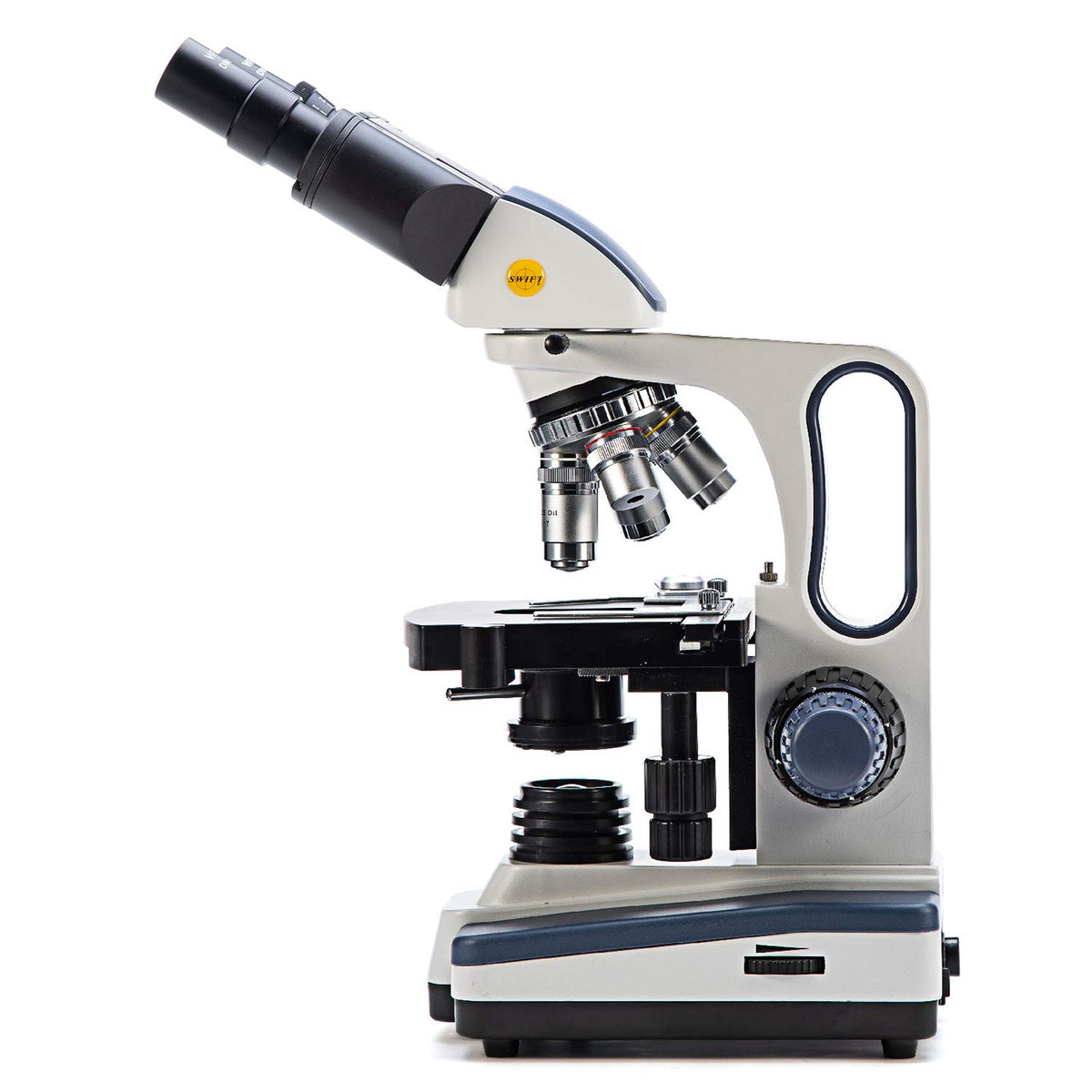 Swift SW350B revolving turret with 4 DIN achromatic objectives for versatile magnification.