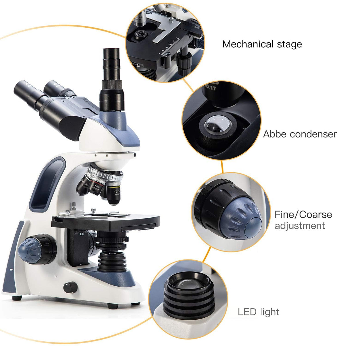 Swift SW380T objective turret-6-magnifications supports versatile observation from 40X to 2500X.