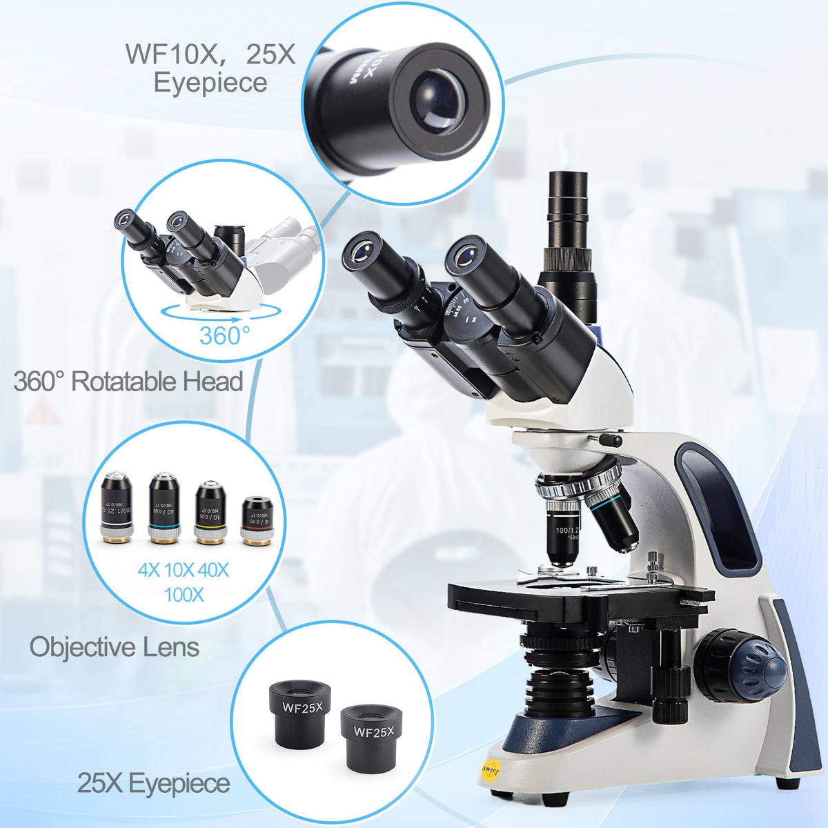 SWIFT SW380T rotating turret with four DIN objectives for versatile magnifications