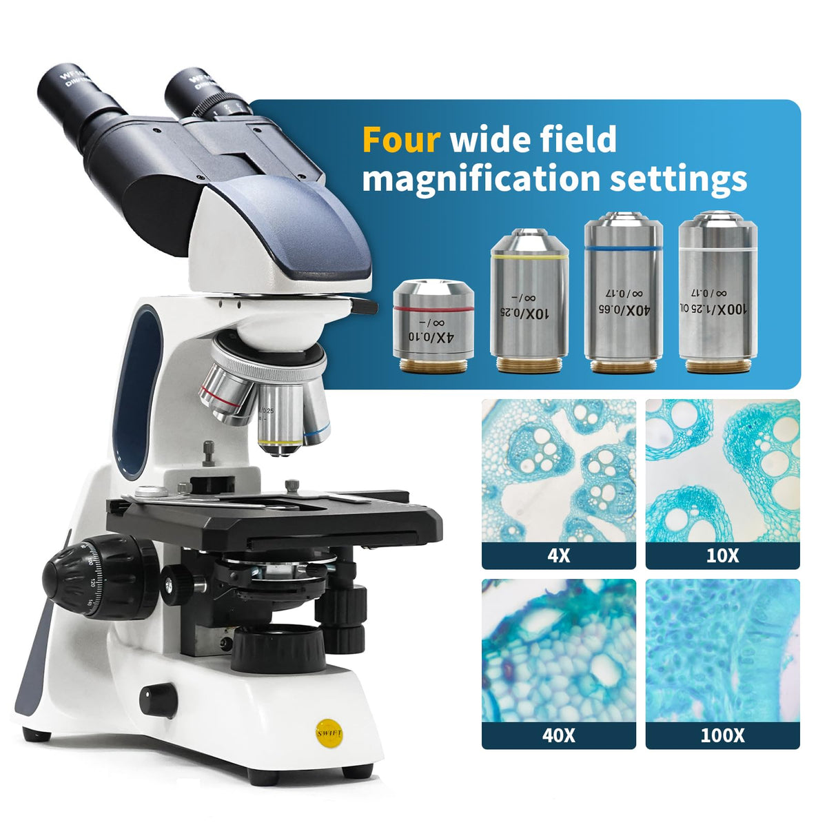 Swift SW400 wide-field eyepieces enable clear sample observation.