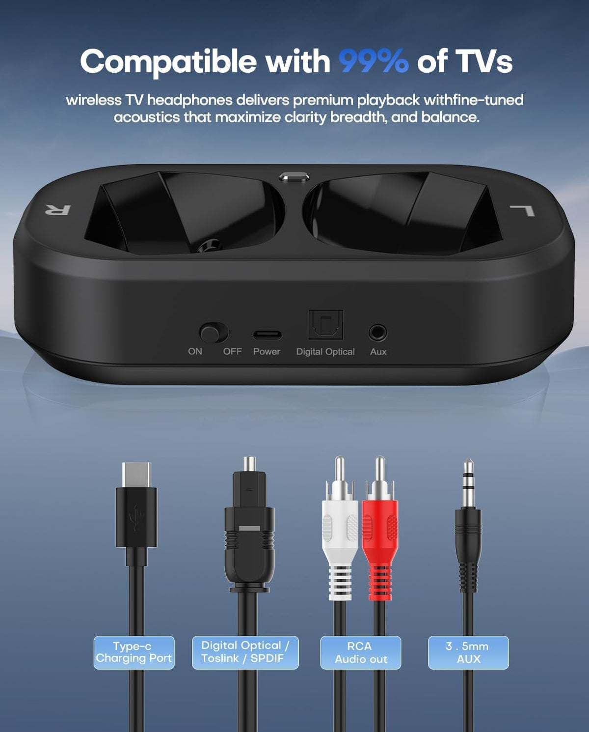 swiitech headset seated on transmitter charging base for fast recharge